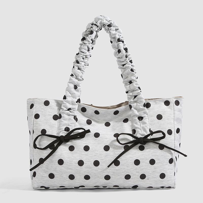 Striped & Polka Dot & Star Print Tote Bag With Bow Design Large Capacity Casual Shoulder Bag Lightweight Daily Commute Handbag