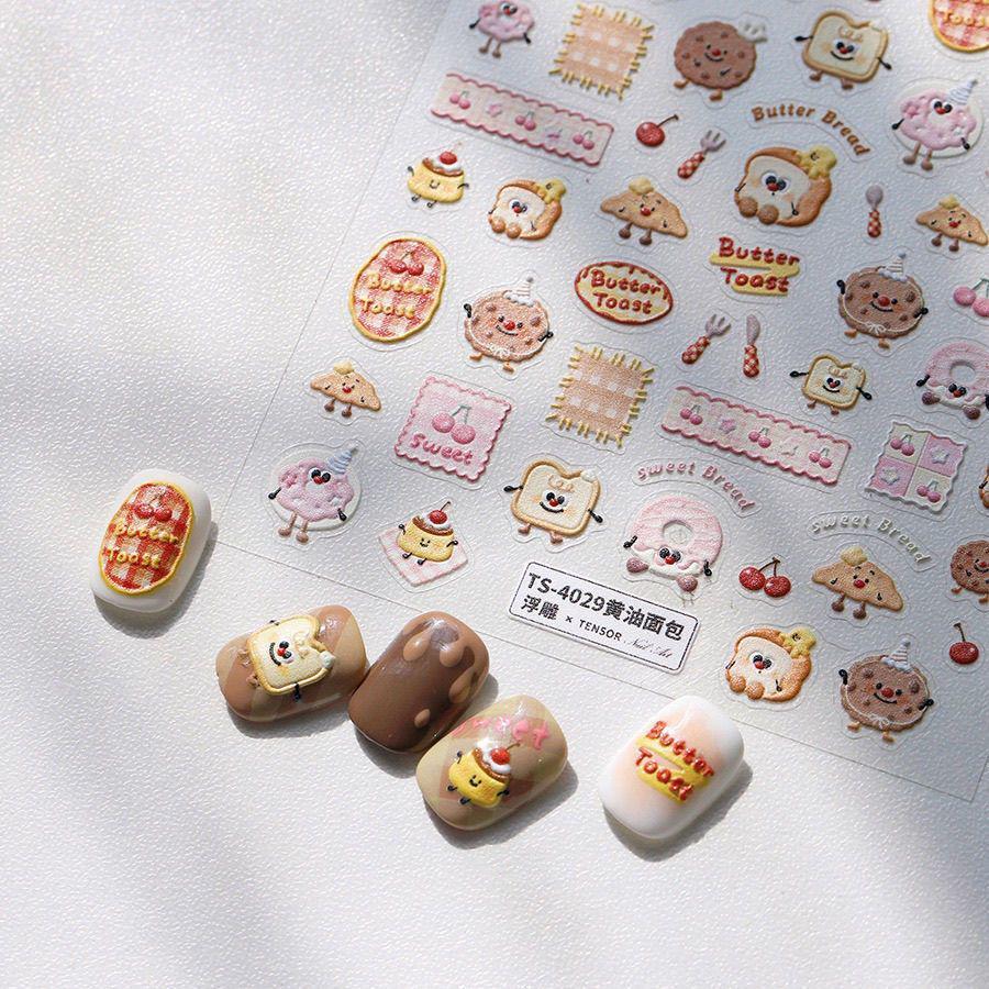 Butterbread 3D Embossed Cake Nail Art Stickers - Cute, Glue-Free DIY Decoration