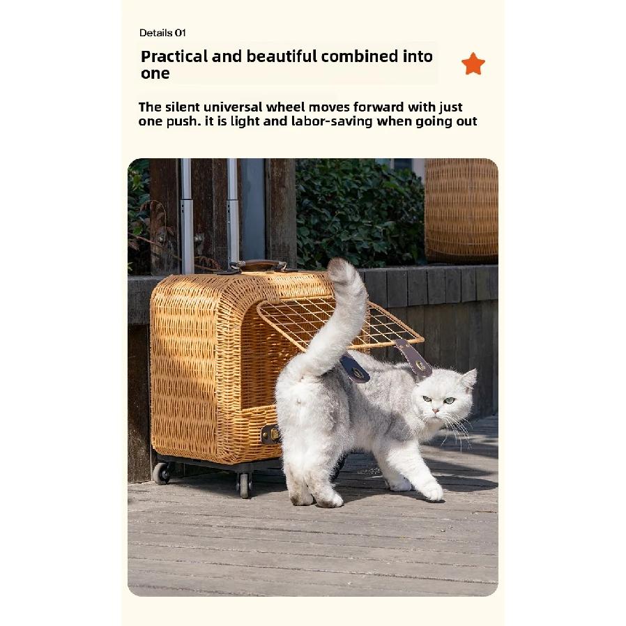 Tragbare Katzentransportbox Stilvoller Haustier-Rollkoffer Große Kapazität Geflochtene Haustier-Reise-Atmungsaktive Trolley-Box für Katzen & Kleine Hunde