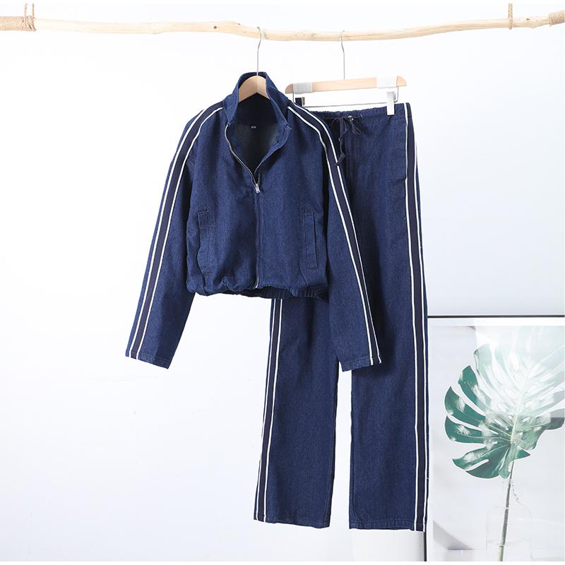 

Винтажный повседневный полосатый джинсовый женский костюм с карманами на молнии, куртки, прямые свободные брюки на молнии, модные весенние комплекты 2025 года из однотонного материала L темно-синий