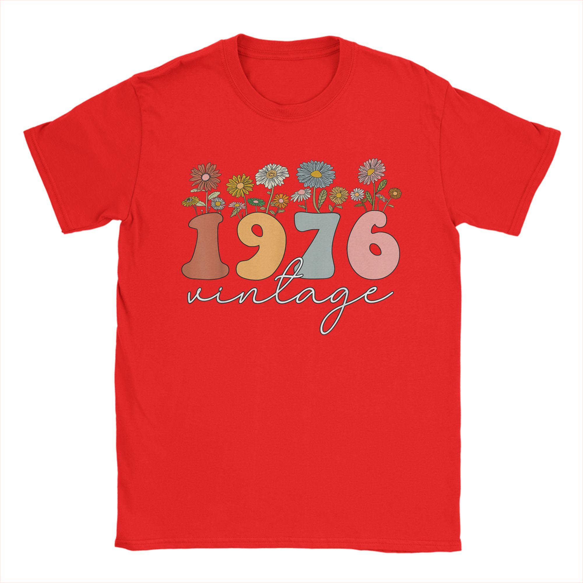 Vintage 1976 Wildflower Floral 50th Birthday T Shirts for Unisex Cotton Leisure TShirt Round Neck  Tees Short Sleeve Clothing S