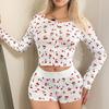New Cherry Elastic Cardigan Pajama Set - Fashionable Long Sleeve & Shorts for Women