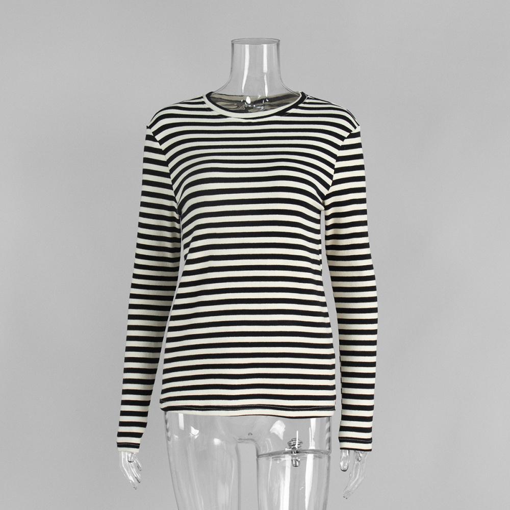 

Осень Новая Мода Женская Хлопковая Полосатая Футболка с Длинным Рукавом Офисный Повседневный Простой Пуловер с Круглым Вырезом Топы и Футболки XL чёрный