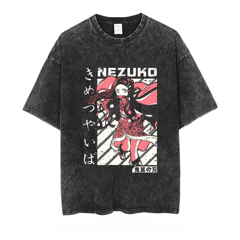Men's T-shirt Anime Demon Slayer Printed Washed Vintage Loose Fit Women's Short-sleeved Tee Oversized Gym Y2k Clothes Top Summer