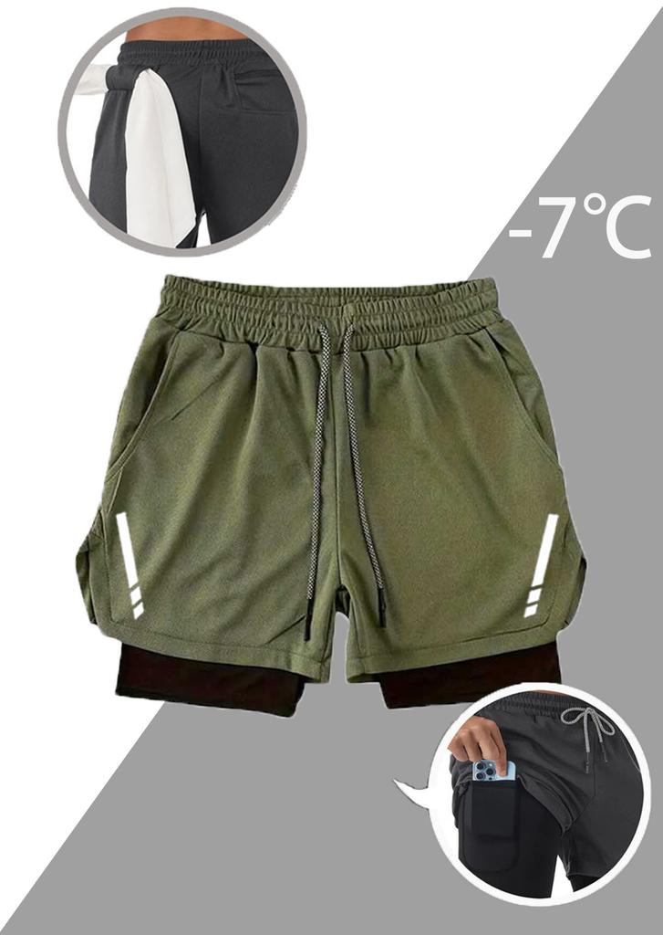 Men 2 In 1 Printed Quick Dry Sports Shorts Gym Workout Outdoor Shorts With Towel Hanging