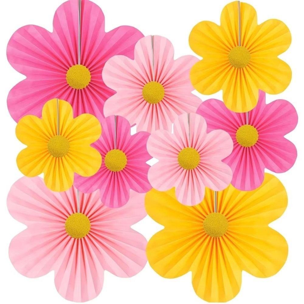 9Pcs/Set Floral Pom Poms Wall Hanging Banner Pink Paper Fans Birthday Baby Wedding Party Decoration