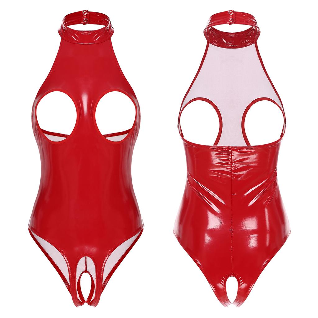 Damen Lackleder Bodysuit Neckholder Cutout Design Schrittlos Rückenfrei Einteiler Clubwear Reizvolles Outfit
