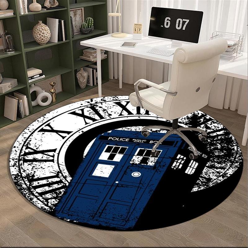 Police Box Time Travel Round Carpet Chair Cushion Round Entryway Rug, Soft Round Rugs for Living Room, Bedroom, Circle Carpet Decor Gifts
