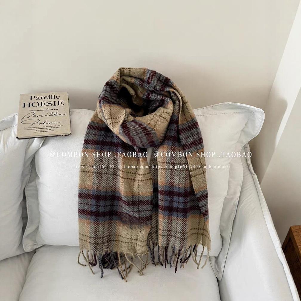 

Retro plaid mohair fringed scarf female autumn and winter student warm temperament versatile dark brown scarf 200cm*50cm270g