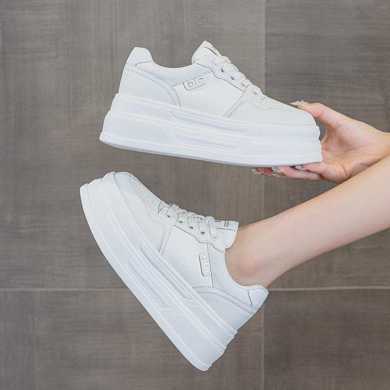 Women's Thick-Soled Height-Boosting White Leather Sneakers - Lightweight, Versatile, and Comfortable Platform Casual Shoes.