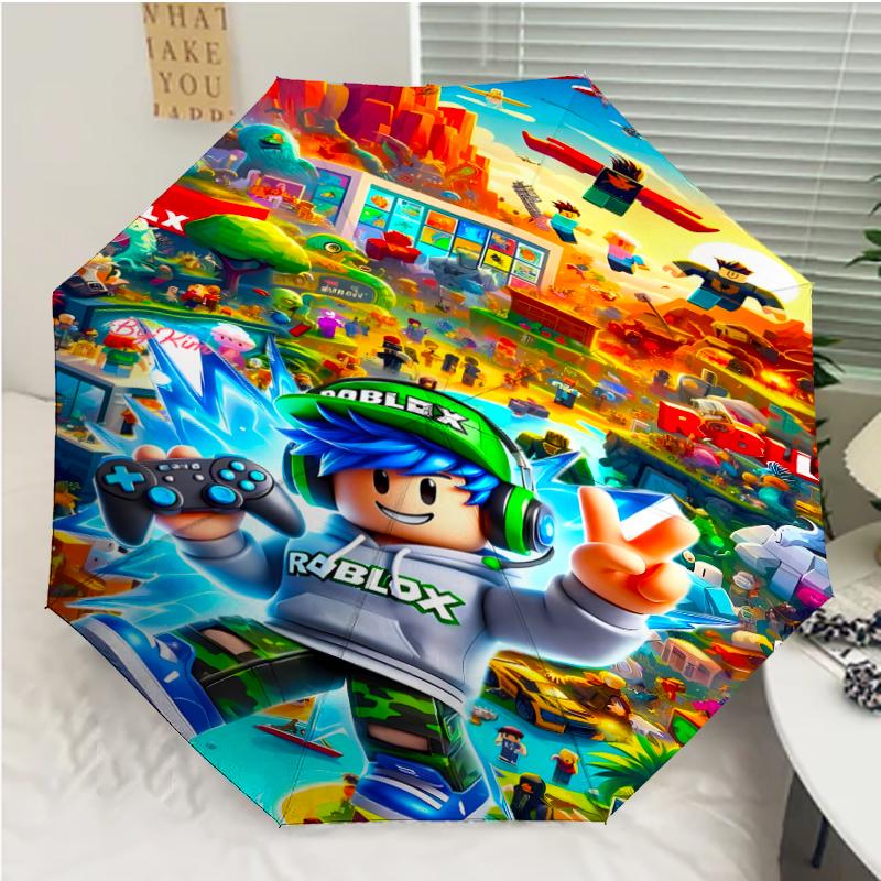 Roblox Print Automatic Umbrella, 8 Rib Iron Frame, Plastic Handle, Suitable for Outdoor Travel &Daily , Ideal Gift