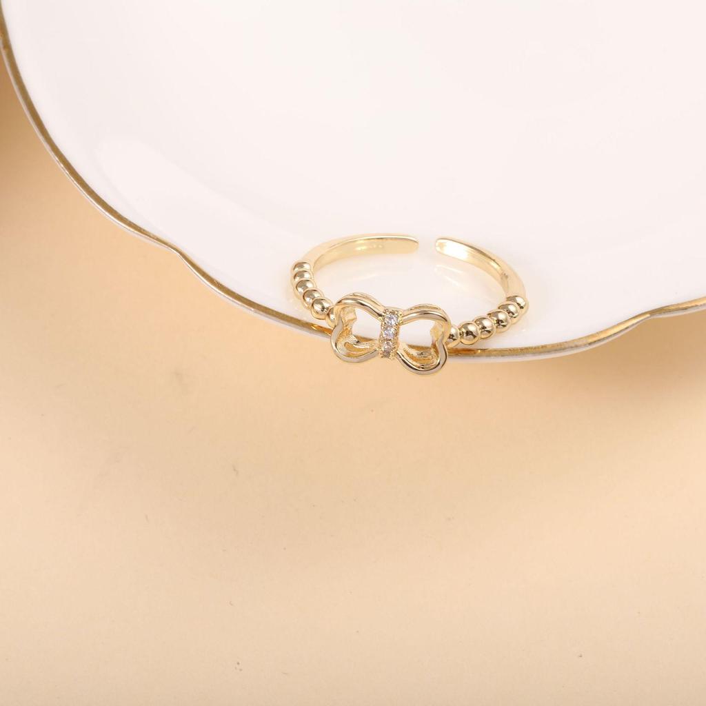 Copper-Plated 18k Gold Butterfly Knot Ring with Micro-Paved Diamonds, Fresh Imitation Wedding Jewelry