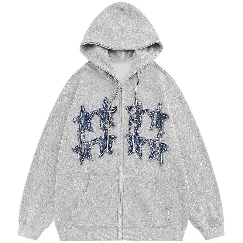 Unisex Harajuku Streetwear Hooded Zip-Up Sweatshirt With Embroidered Star Patch Print