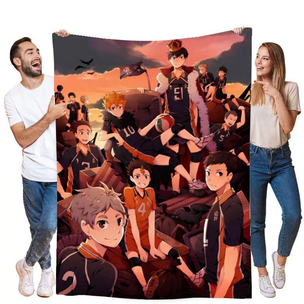 Haikyuu!! Anime Volleyball Team Blanket - Vibrant Sunset Scene with Dynamic Characters In Black and Orange Uniforms, Perfect for