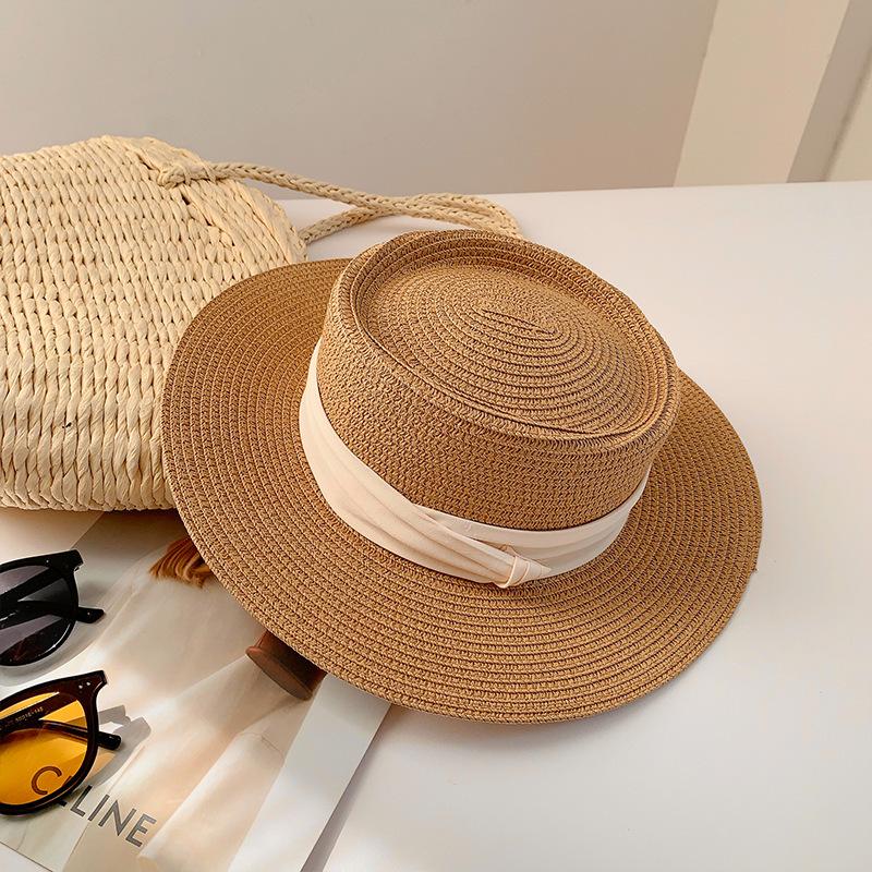 Vintage Large Brimmed Straw Hat for Women Summer Beach Flat Top Sun Protection and Sunshade Hat Beach Fisherman Hat Beach