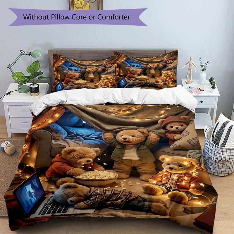 3-teiliges Anime-Teddybär-Bettwäscheset - Enthält einen Bettbezug und zwei Kissenbezüge (Kein Kern) - Perfekt für Schlafzimmer- und Gästezimmerdekoration,