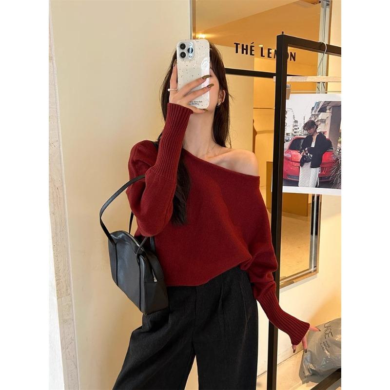 Temperament slanted shoulder one-word neck bottoming shirt women's spring relaxation loose knitted sweater with gray top inside