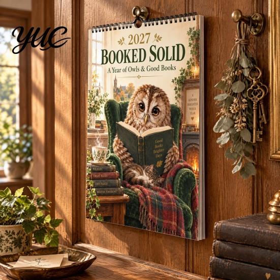 Decorative Wall Hanging for Study 2027 Calendar with Cute Owl Reading Illustrations, Retro Oil Painting Style Monthly Schedule Organizer Home Planner