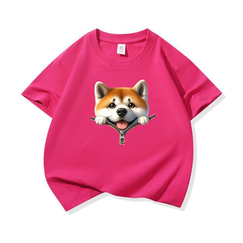 Kids Pure Cotton T Shirt Adorable Dog Zipper Print Crew Neck Short Sleeve Tee Casual Breathable Boys Girls Summer Tops
