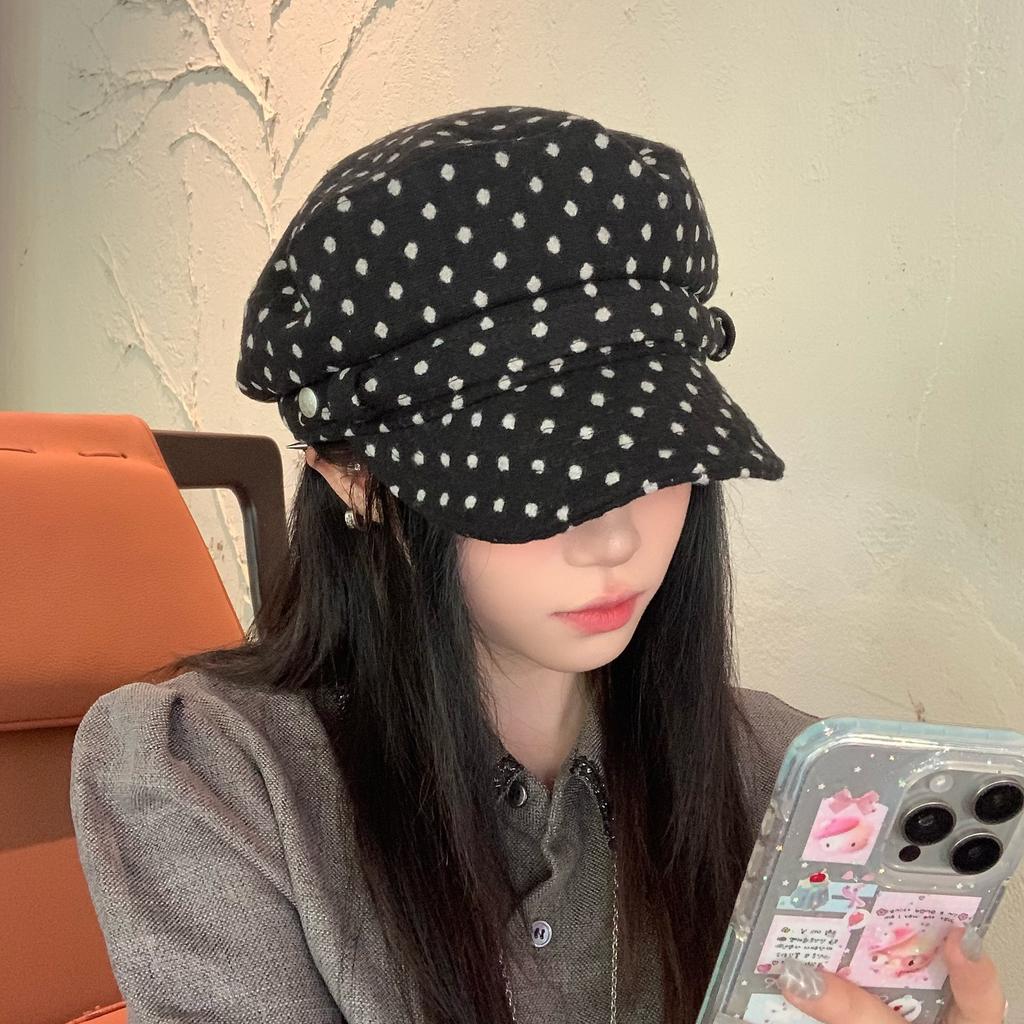 Autumn Temperament Versatile Polka Dot Beret Female Korean Retro Literary Painter Hat Woolen Octagonal Hat Newsboy Hat