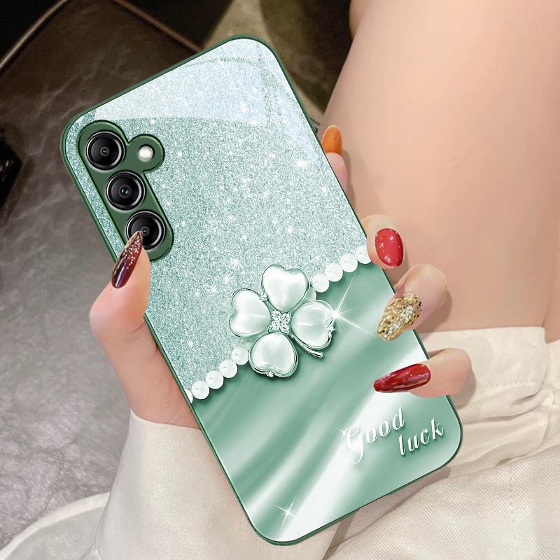 Lucky Clover White For Samsung Galaxy A14 4G 20 30 52 20S 21S 22 A32 33 34 42 50 51 53 54 70 71 72 73 5G Glass Phone Case