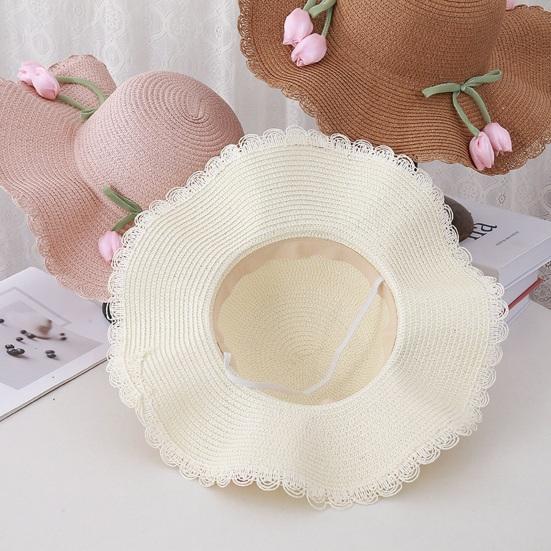 Beach Hat Wave Lace Trim Design Tulip Bow Decor Full Face Sun Protection Large Brim UV Blocking Summer Straw Hat