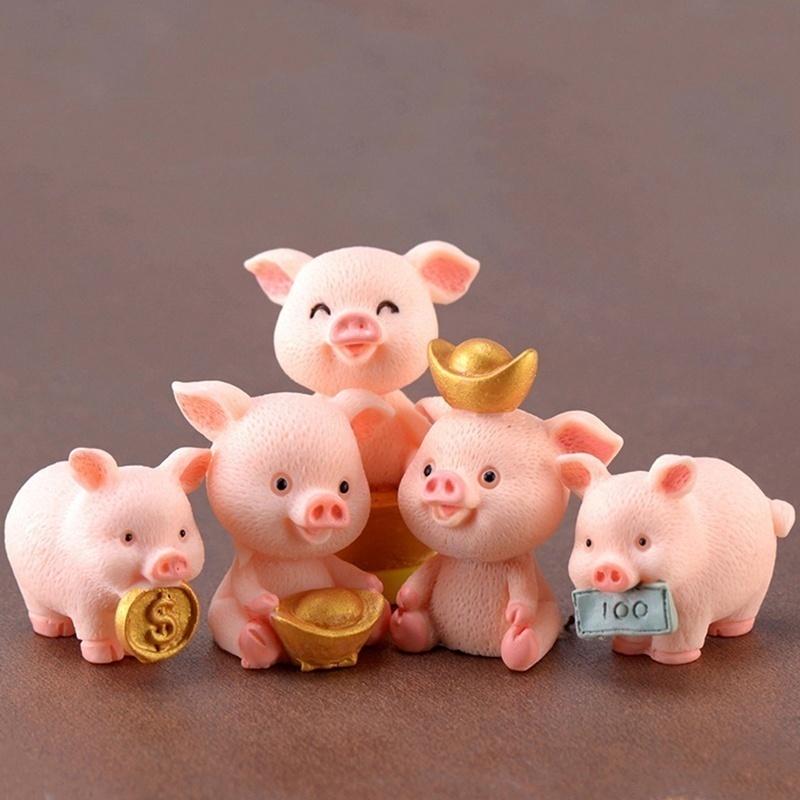 

5 PCS Micro Pig Family Figurine Resin Ornaments Miniature Model Mini Animal Statue Bonsai Decoration Garden Home Decorative