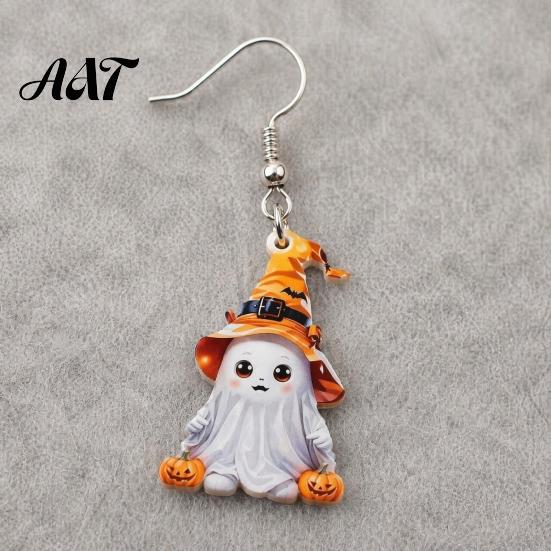 Holiday Themed Jewelry 1 Pair Halloween Cute Ghost Earrings, Acrylic Dangle Earrings with Witch Childlike Accessories Hat Pumpkin Bat, Anti-Rust Metal