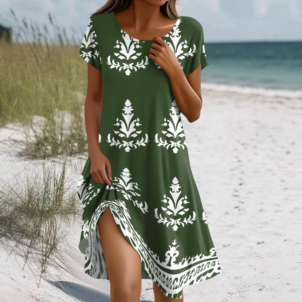 Women's Summer Short Sleeve Round Neck Floral Print Bohemian Dress With Pockets
