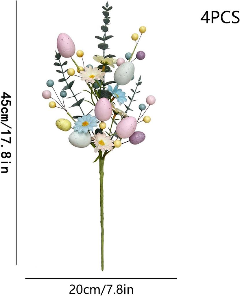 4 artificial Easter spray, 17.8 inches, imitation Easter cake eggs, berry branches with false daisies, spring flower stems