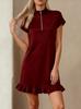 Women's Zip Stand Collar Short Sleeve Mini A-Line Dress Slim Fit Mid Rise Solid Ruffle Hem Straight Dress Streetwear Elegant Summer Casual Outfit