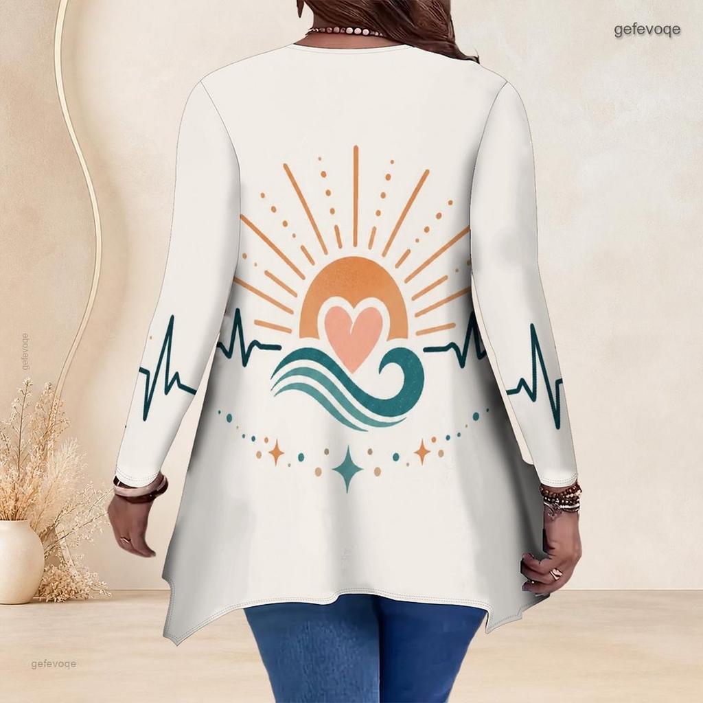 Plus Size Ladies V Neck Long Sleeve Loose Casual Blouse With Irregular Split Hem