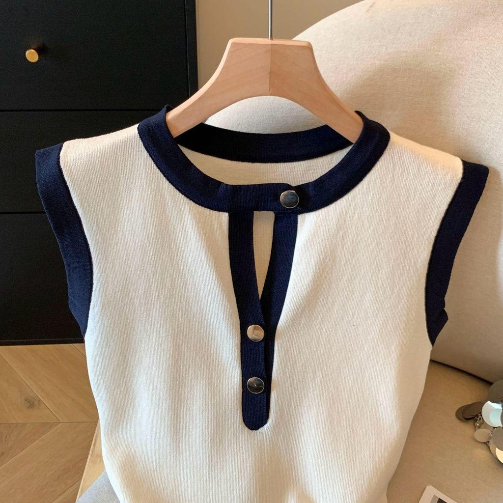 Hong Kong Style Color Block Sleeveless Camisole - Sweet, Slimming, Button-Up Top