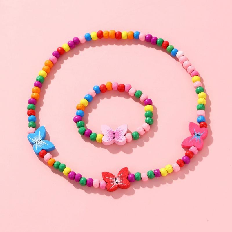 Süßes buntes Kinder-Schmuckset im koreanischen Stil: Holzperlenarmband & Halskette