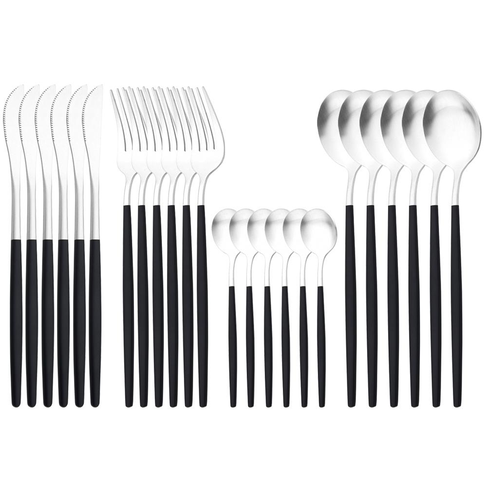 

24 шт., набор столовых приборов из черного золота, матовая посуда, столовые приборы в западном стиле, нож, вилка, чайные ложки, столовое серебро из нержавеющей стали, набор кухонной посуды серебряный/чёрный