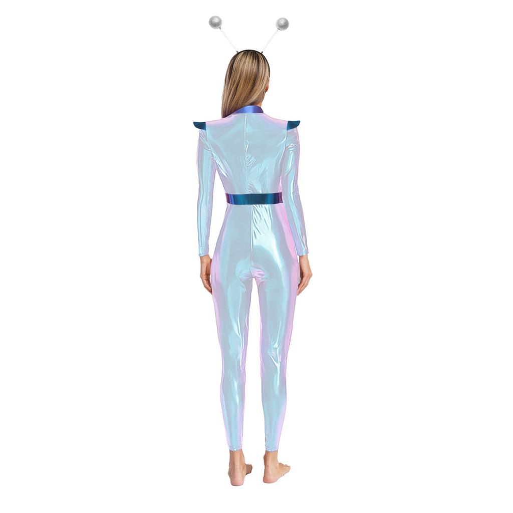 Womens Alien Robot Astronaut Cosplay Costume Metallic Shiny Full Body Unitard Long Sleeve Jumpsuit