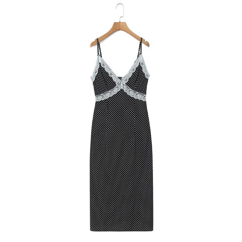 Women's Retro French Polka Dot Maxi Dress: Slim Fit, Strappy, V-Neck, Lace Patchwork, Early Spring Collection