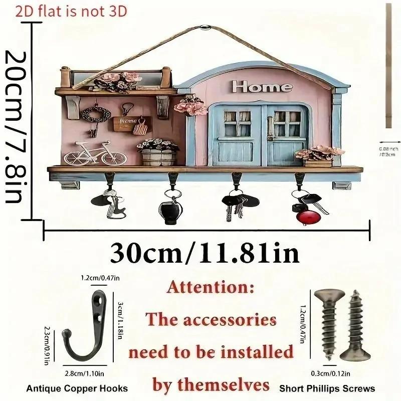 2D Plan, 1 2D Plan, A Cute Villa Wooden Multifunctional Home Keychain with Four Metal Hooks - Wall Decoration, Porch Decoration, Room Decoration