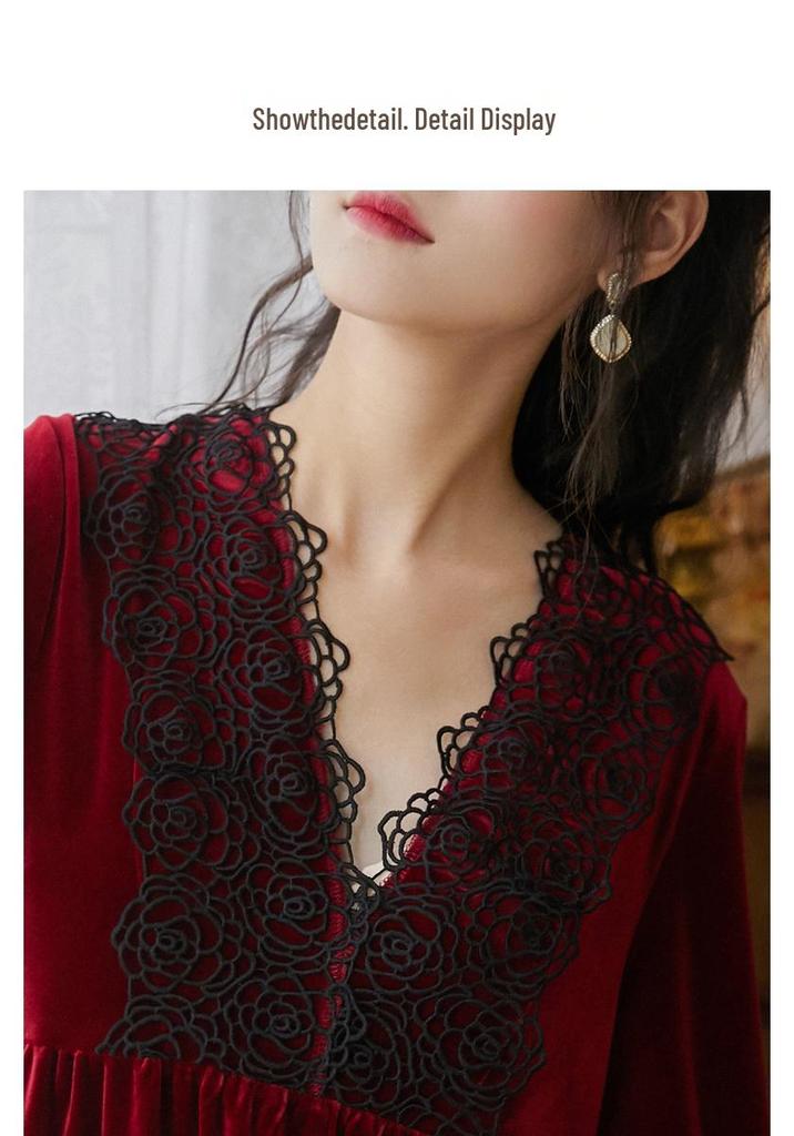 Court Style Women's Long Sleeve Nightgown - Spring/Autumn/Winter, Warm Black Pajamas, Slim Fit, Plus Size Homewear