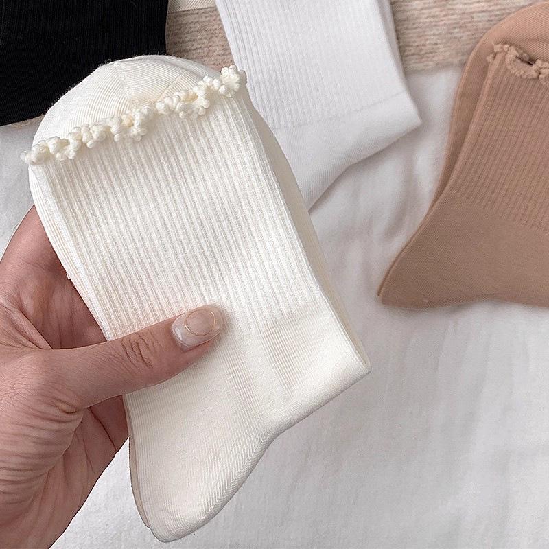 Women's Pure Cotton Ruffle Lace Mid-Calf Socks - Maillard Solid Color Japanese JK Style 