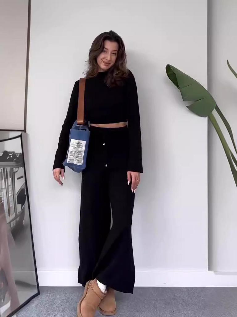 2024 Autumn Knitted Solid Crop Top & High-Waisted Wide-Leg Pants Set