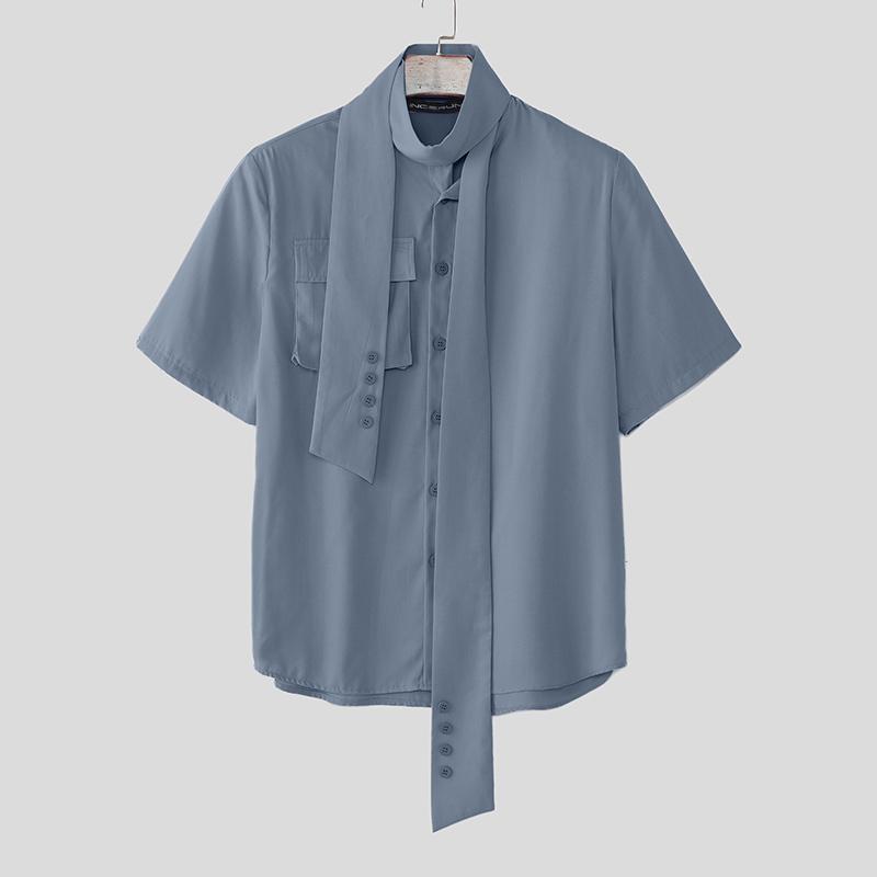 

INCERUN Oversized Men Tie Up Short Sleeve Buttons Casual Loose Summer Shirts 3XL синий
