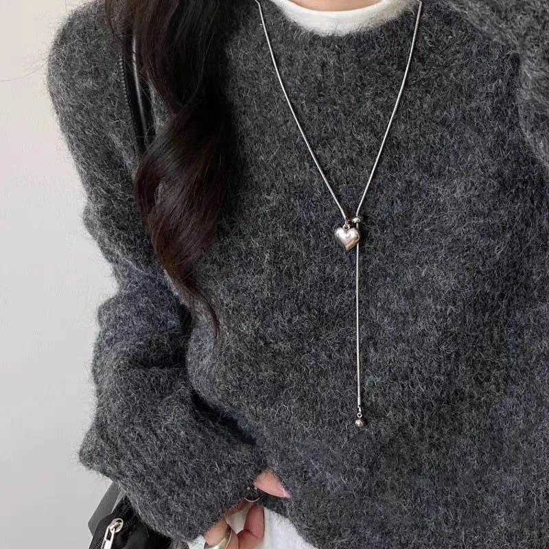 Stainless Steel Exquisite Long Necklace with Heart Pendant Adjustable Chain Sweater Neck Jewelry for Women Accessories Gifts