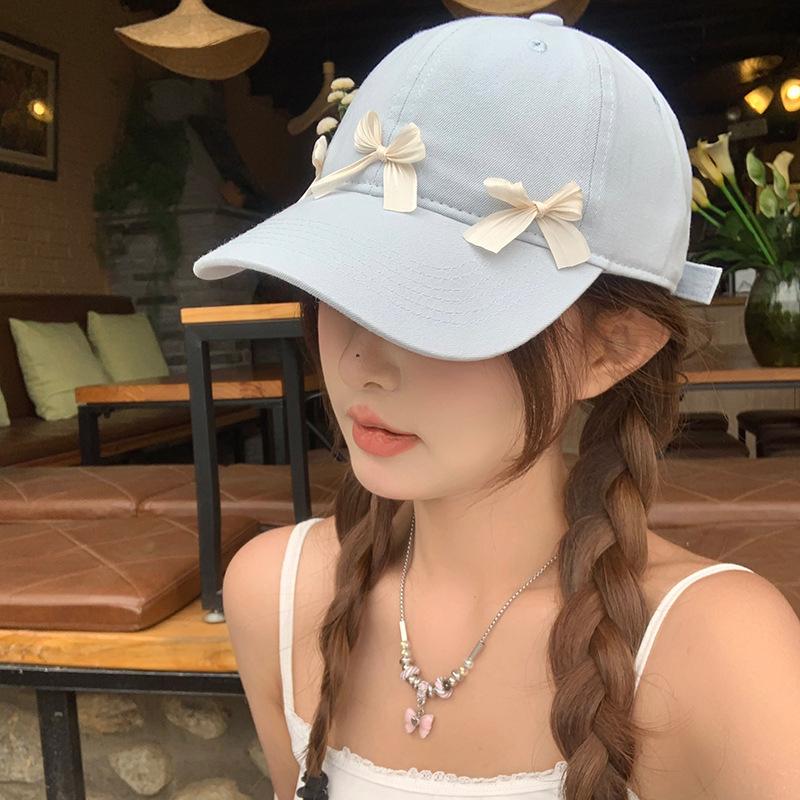 Sweet Korean Pink Bow Baseball Cap For Lady Girl Soft Cotton Adjustable Peaked Hat Outdoor Wide Brim Sun Protection Visors Hats