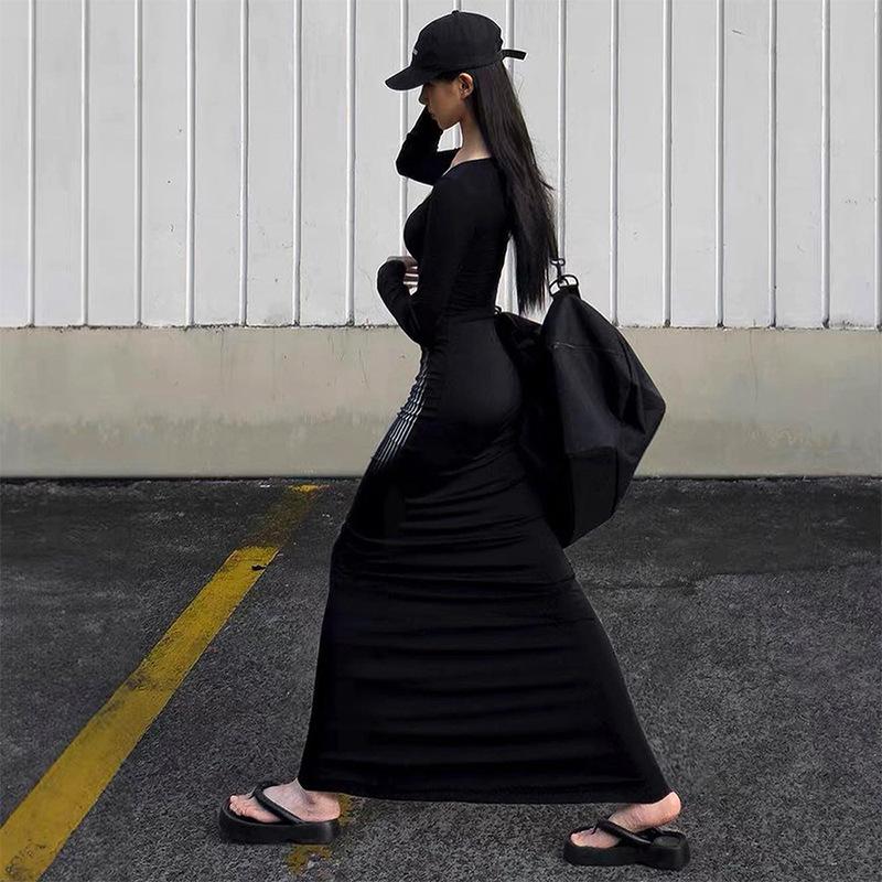 European And American Summer New Style Square Collar Pullover Long Sleeved High Waist Bag Hip Fishtail Sexy Elegant Dress
