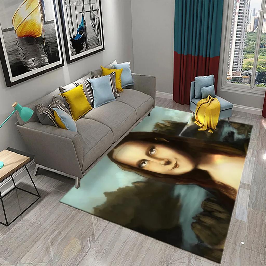 Funny Mona Lisa Oil Painting Carpet Home Decor Painting Mat for Living Room Bedroom Kitchen Bathroom Non-slip Floor Area Mats