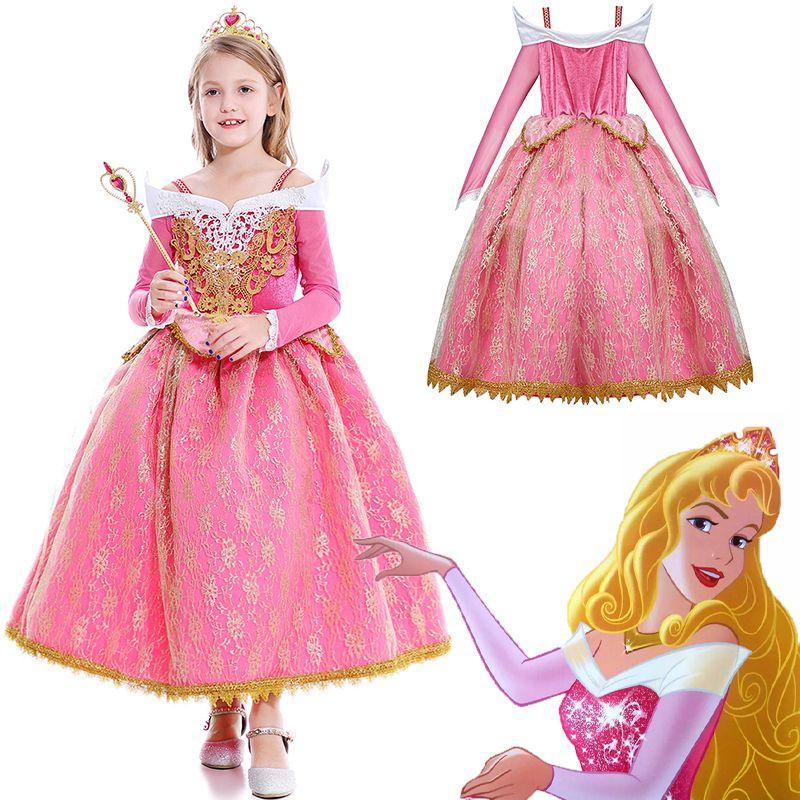 Encantador Disfraz de Princesa Aurora La Bella Durmiente para Niñas con Mangas Largas y Detalles de Encaje