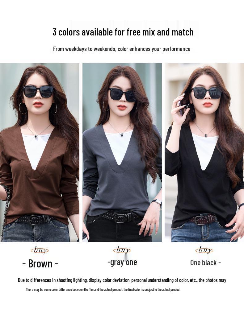 52070 Women's Color Block Long-Sleeved Cotton T-Shirt, 2025 Spring/Autumn, Slim Fit Fake Two-Piece.