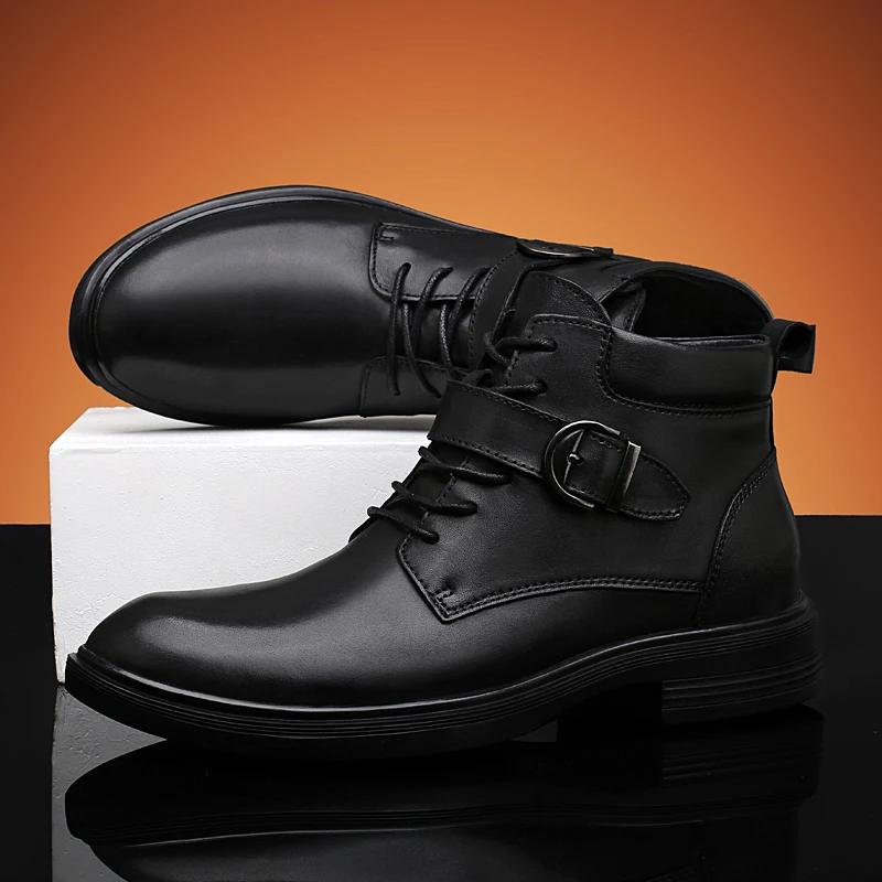 Genuine Leather Men's Motorcycle Boots Handmade Retro Man Walking Shoes High Quality Male Ankle Boots Luxury Brand Basic Boots