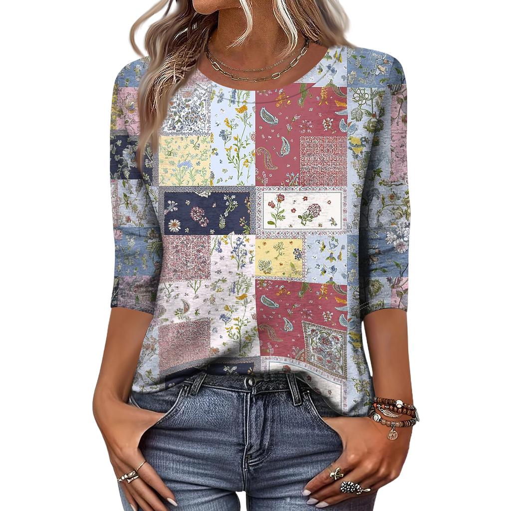 Long Sleeve Shirts for Women Patchwork Floral Print Womens Long Sleeve Tops Casual Crewneck Long Sleeve T Shirt Women for Daily Wear